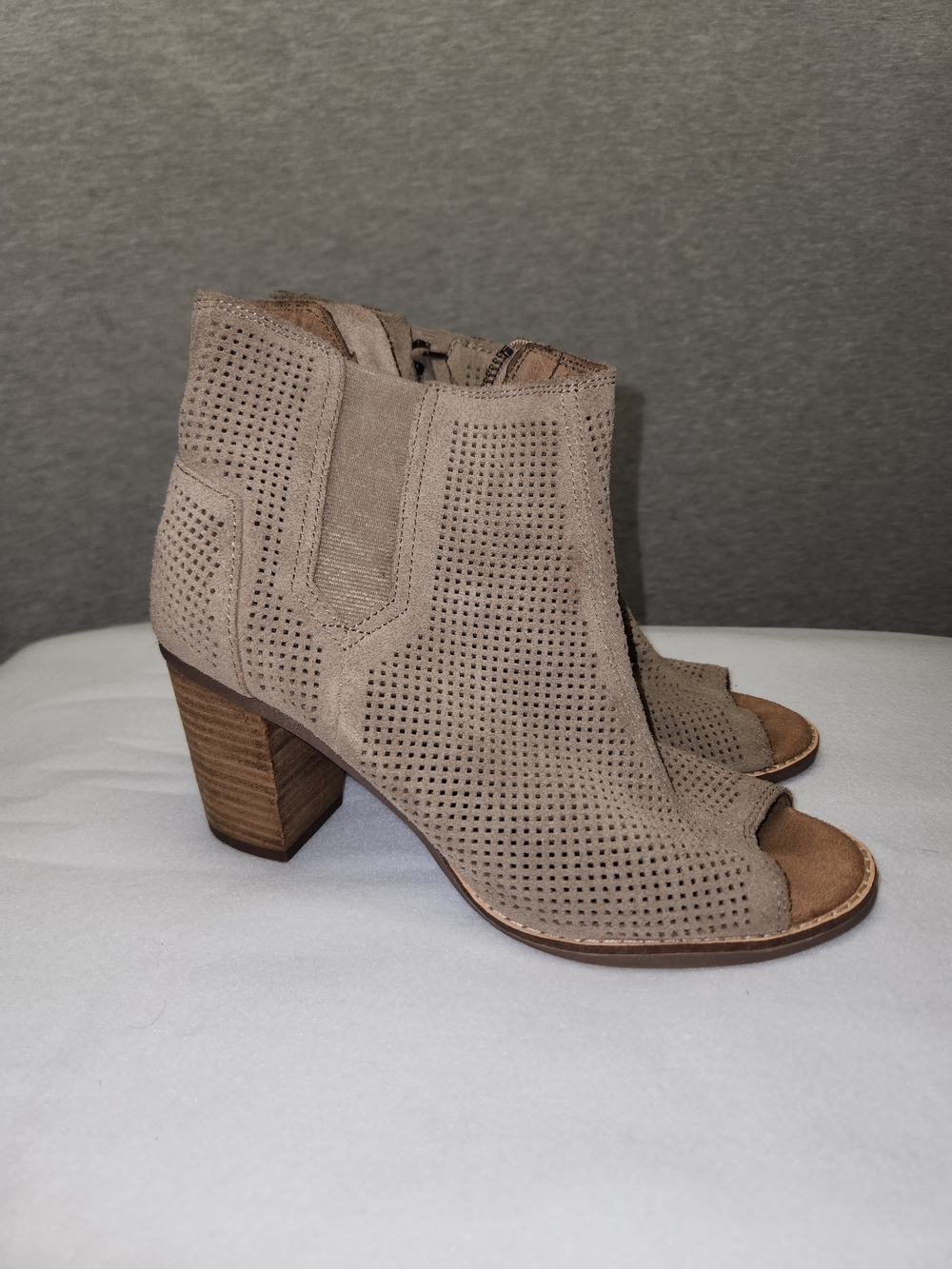 Toms Taupe Perforated Peep-Toe Block Heel Above Ankle Booties